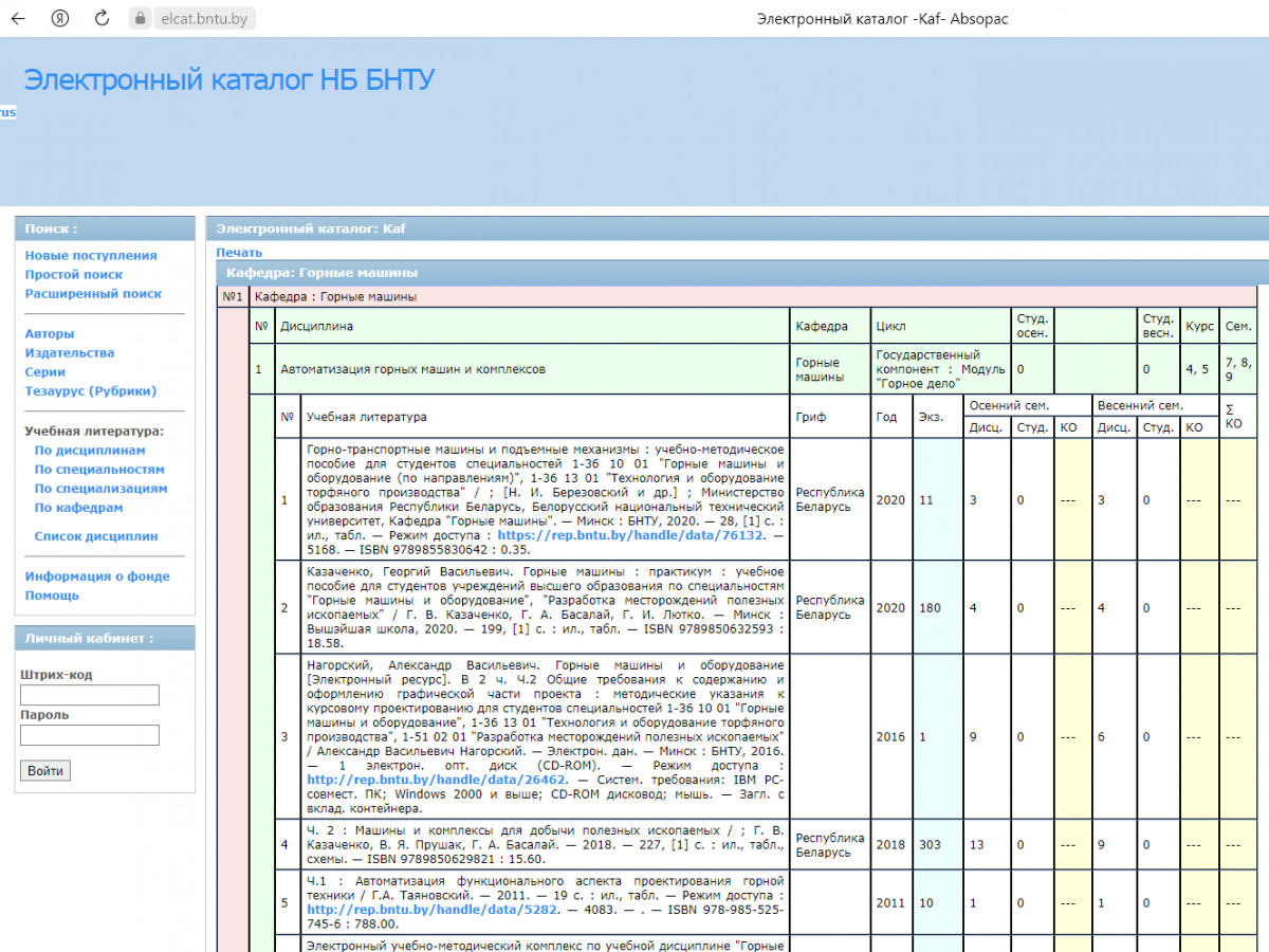 Книгообеспеченность и списки литературы по дисциплинам – Белорусский  национальный технический университет (БНТУ/BNTU)